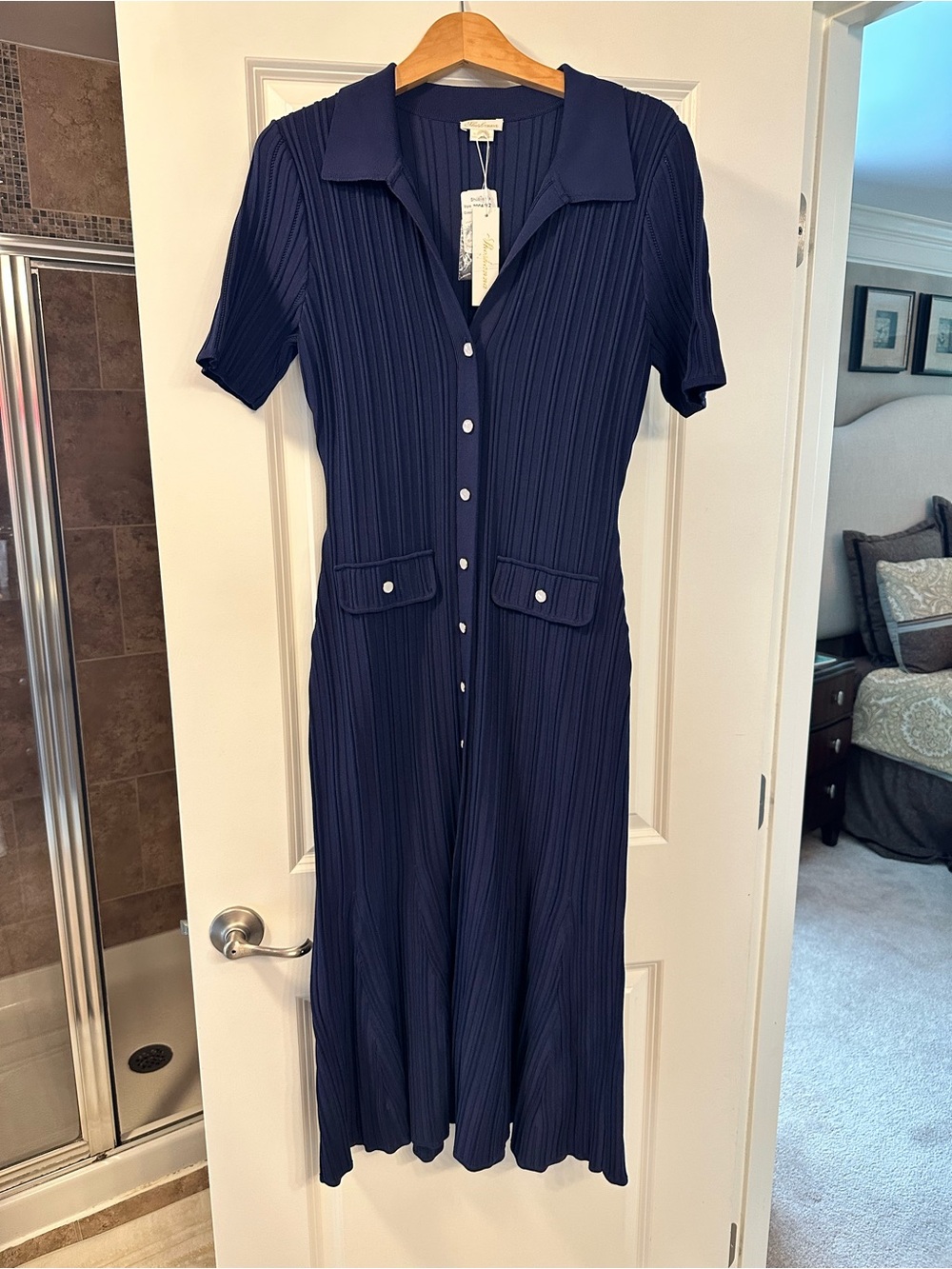 Shoshanna Tulip Chunky Rib Knit Midi Dress - NWT Navy Size L - Picture 9 of 12